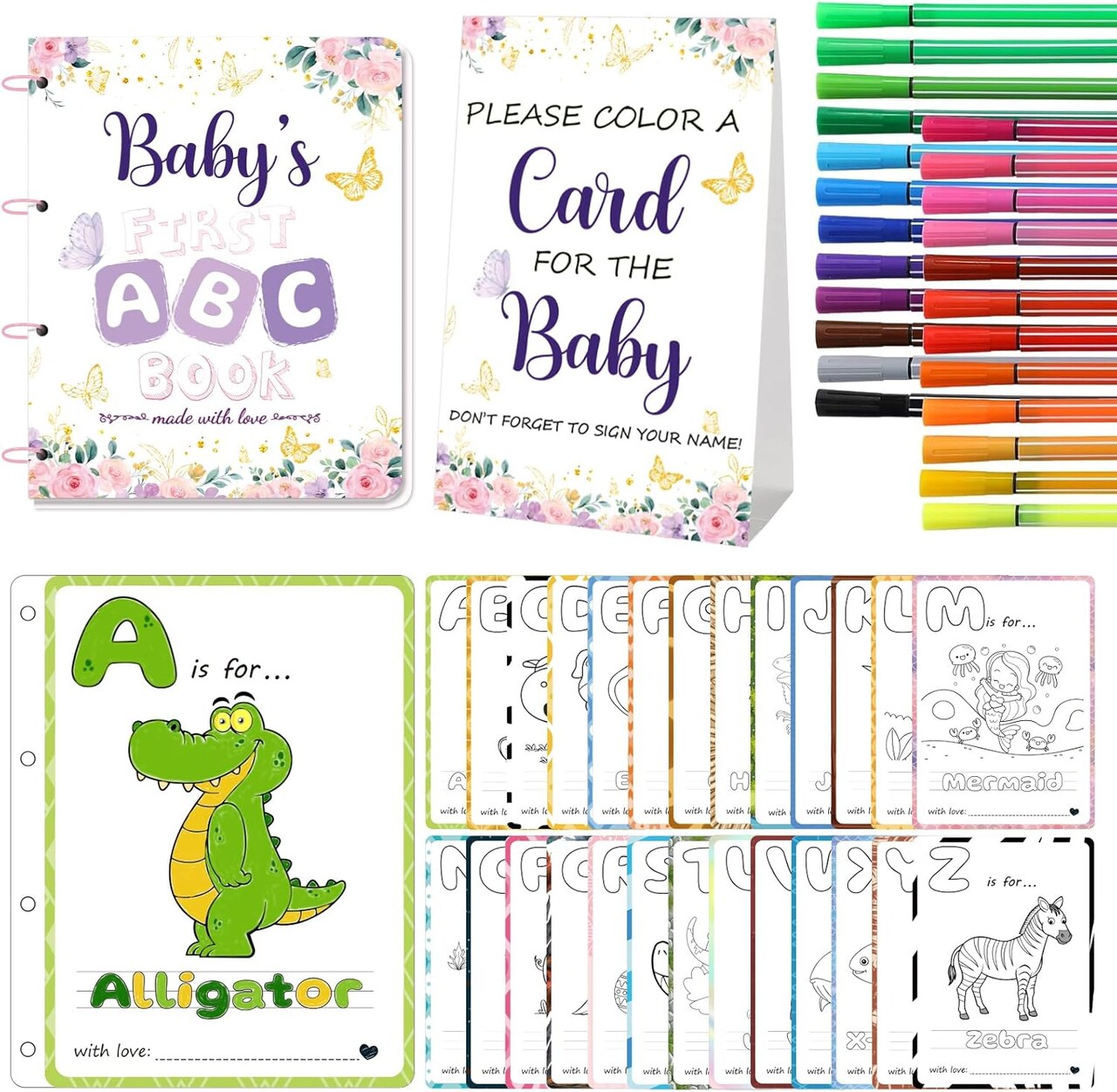 Baby’s First ABC Book Baby Shower Activity & Keepsake Game, A to Z Animal Coloring Cards with 24 Watercolor Pens, Fun & Interactive Baby Shower Game